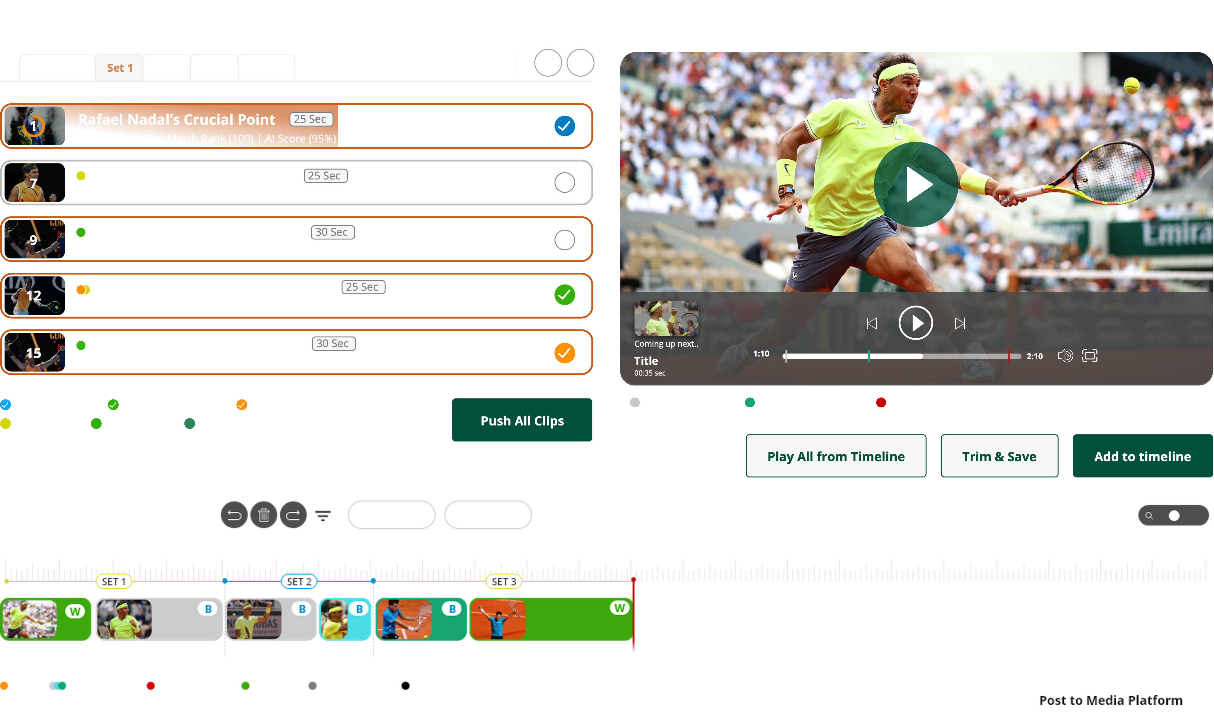 AI Highlights — Create Highlights dashboard for Nadal v Thiem with crucial-point selection and video timeline
