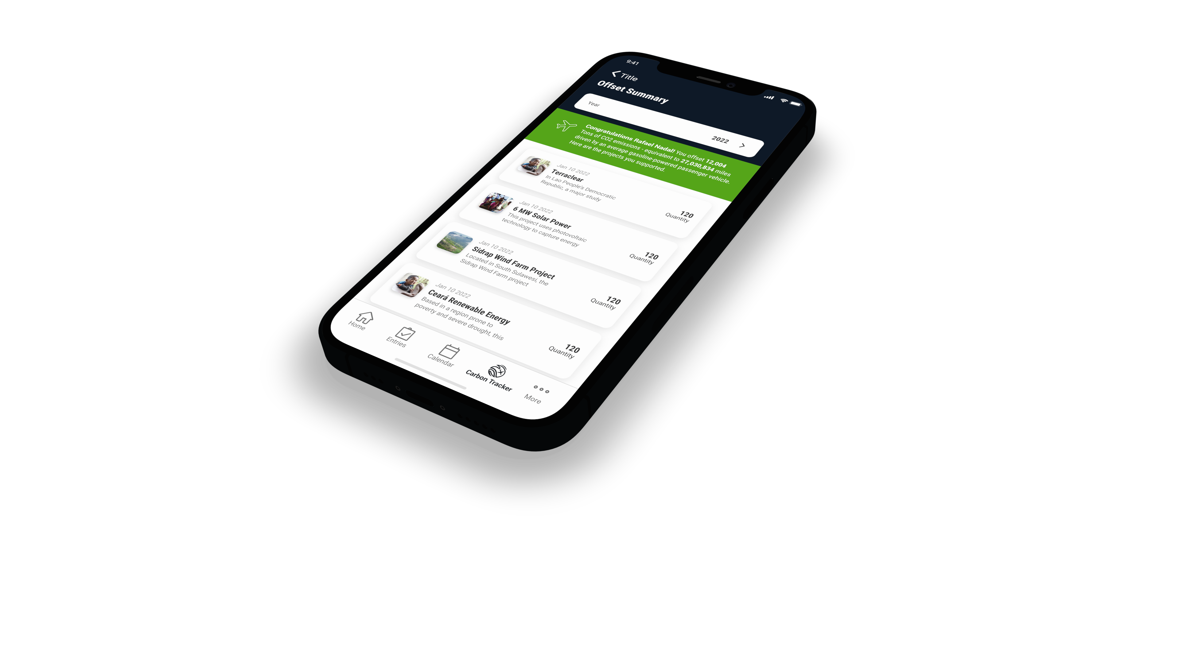 ATP Carbon Tracker — phone mockups showing emissions tracking