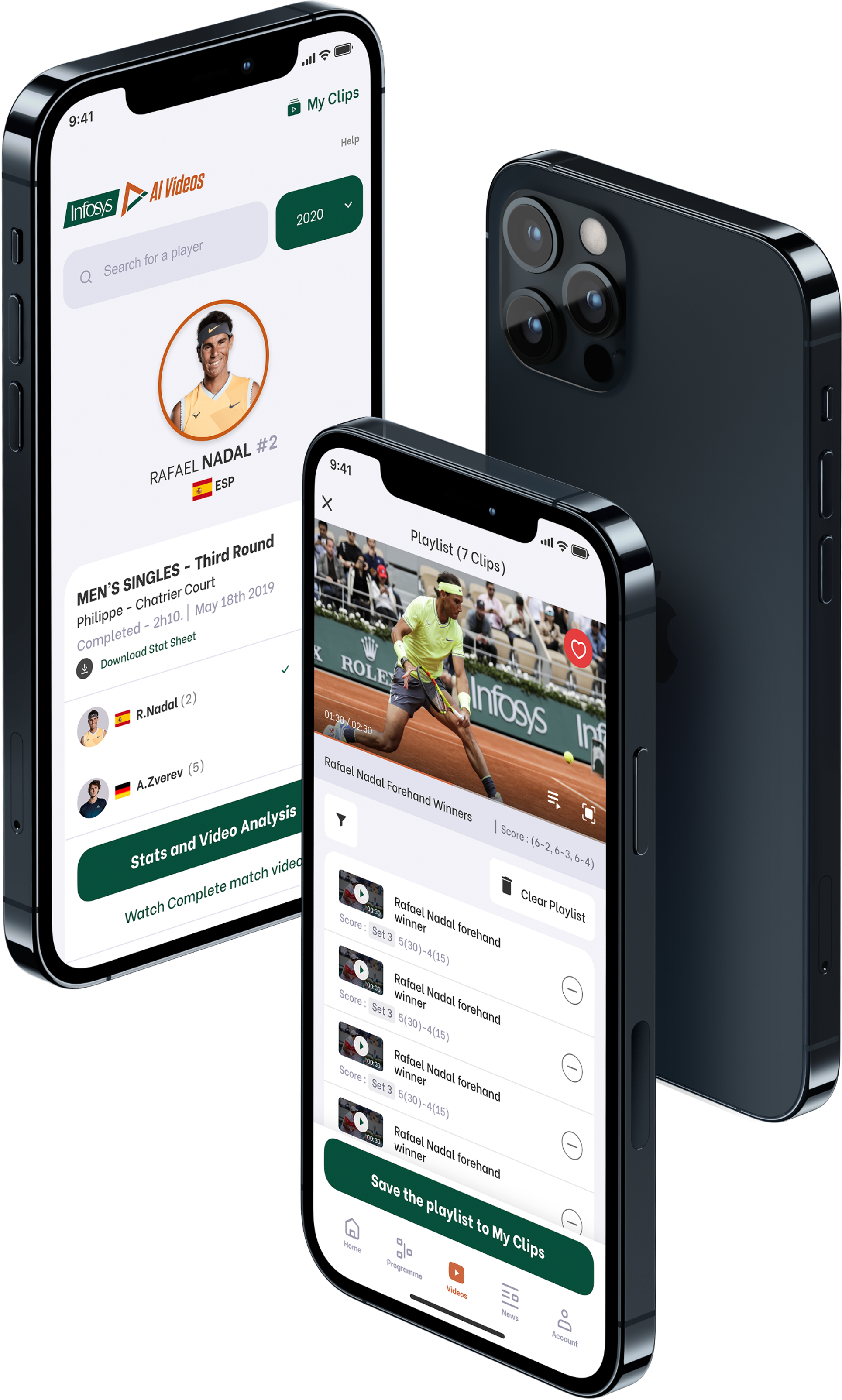 RG Players App — two iPhone mockups showing AI Videos for Rafael Nadal