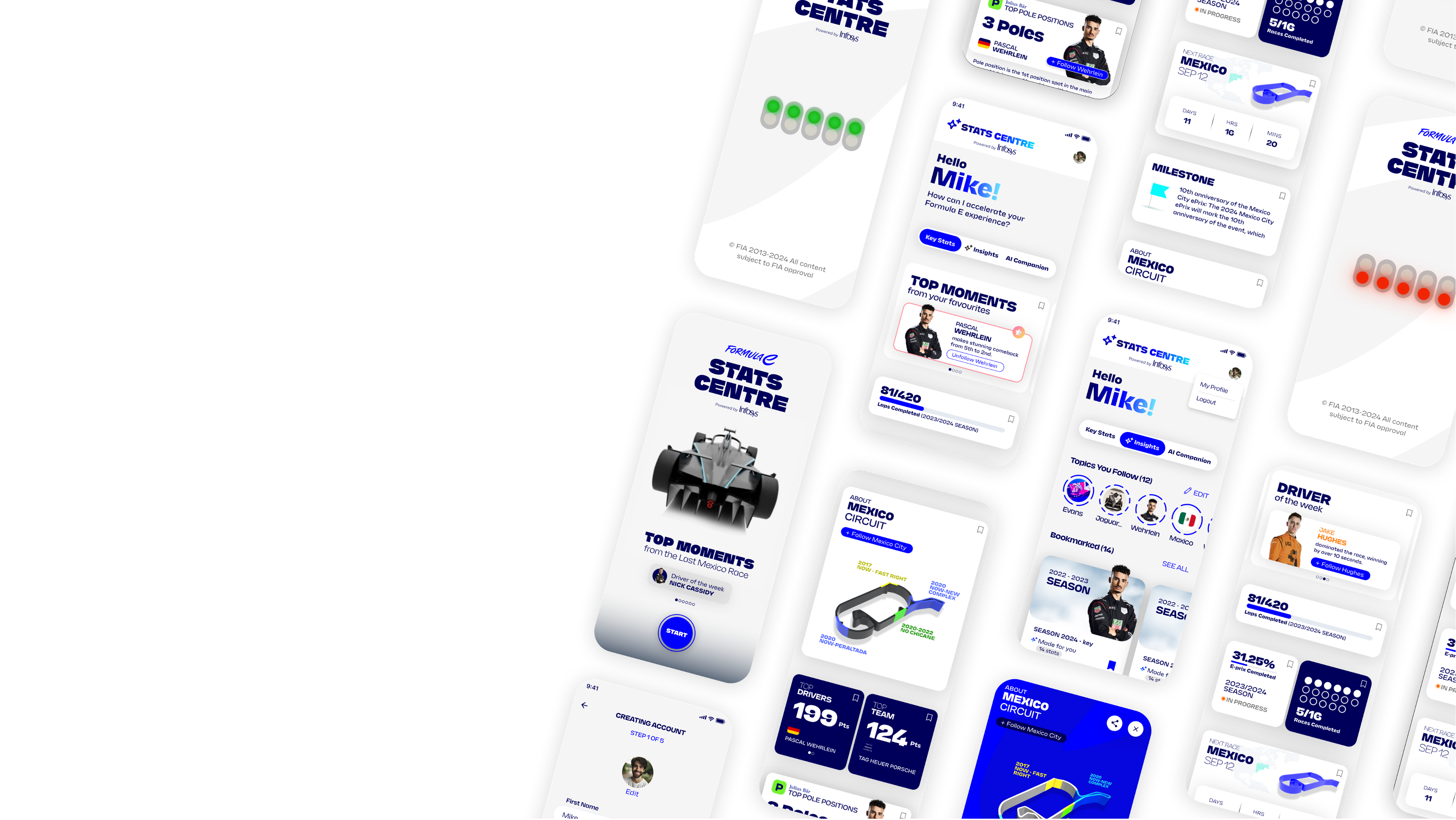 Formula E Stats Centre — tilted grid of iPhone mockups showing the dashboard with Pascal Wehrlein, Mexico City circuit and race track diagrams
